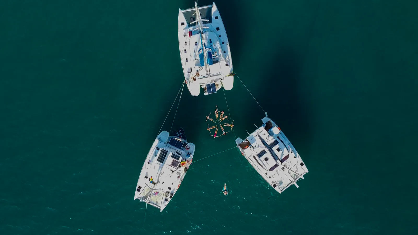 Trei catamarane și prieteni înotând în mare